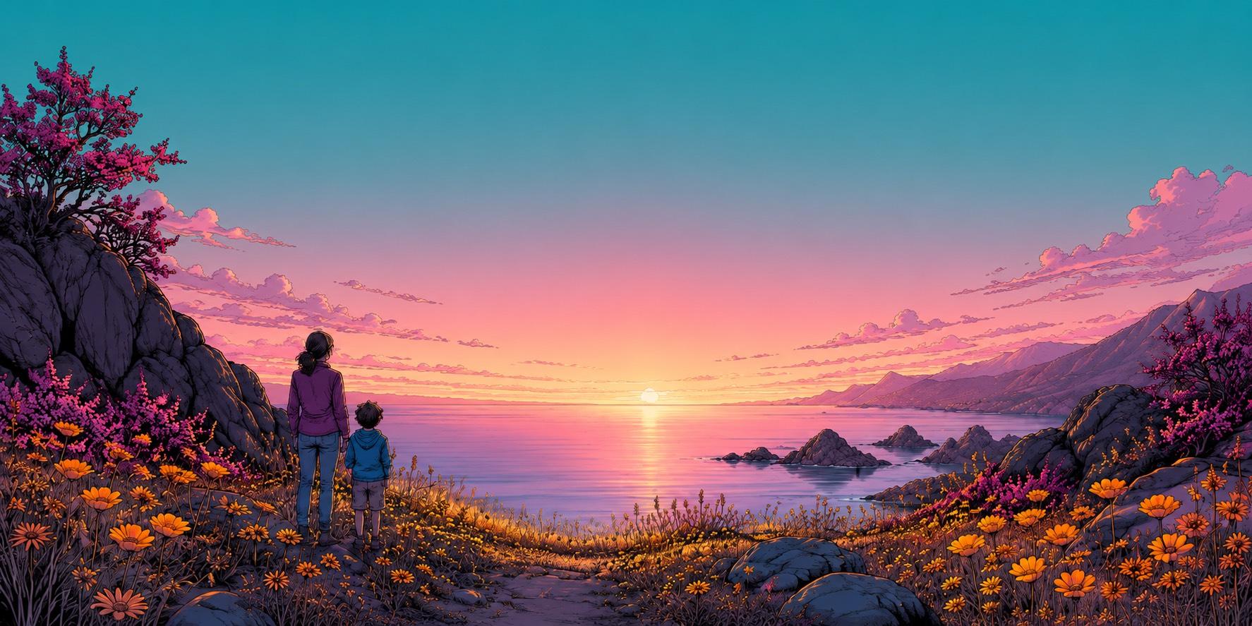 A parent and child standing among golden wildflowers on a coastal overlook, watching the sunset together
